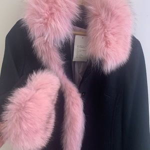Nicole Miller pink fur trimmed black lambswool coat, long, size 8